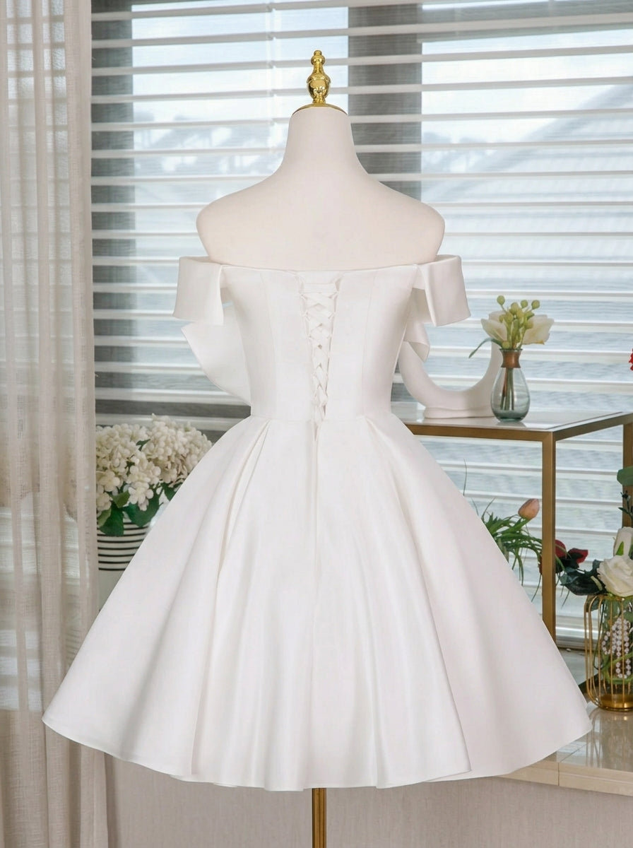 Elegant A-Line Off-Shoulder 3D Flower Ruffled Satin White Short Homecoming Dresses