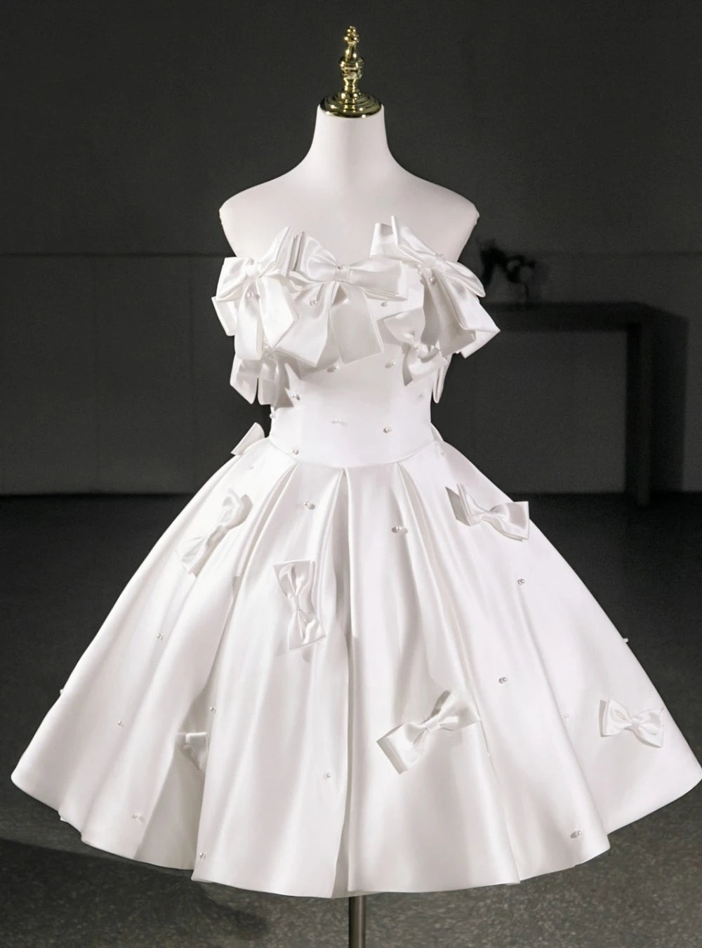 Elegant A-Line Off-Shoulder Bow Beaded Satin White Short Homecoming Dresses