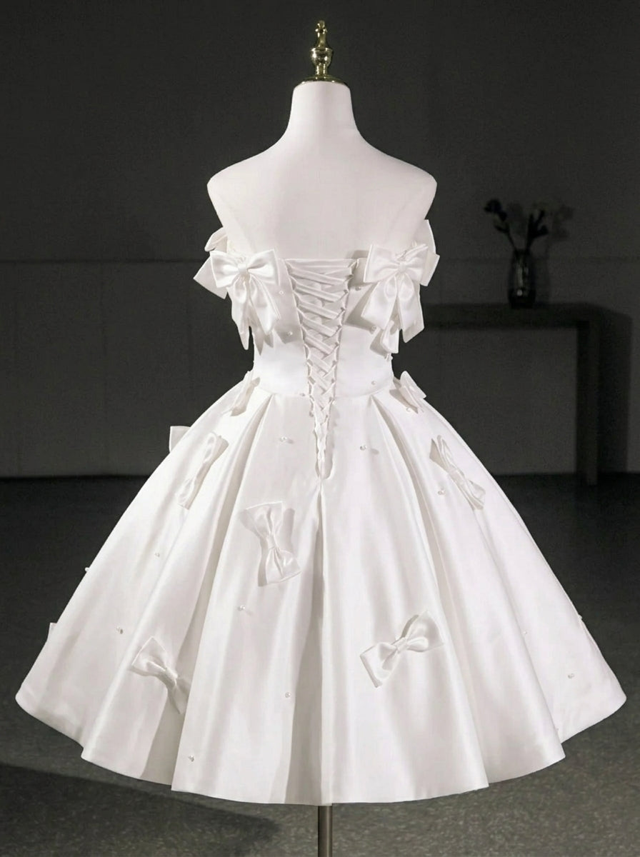 Elegant A-Line Off-Shoulder Bow Beaded Satin White Short Homecoming Dresses