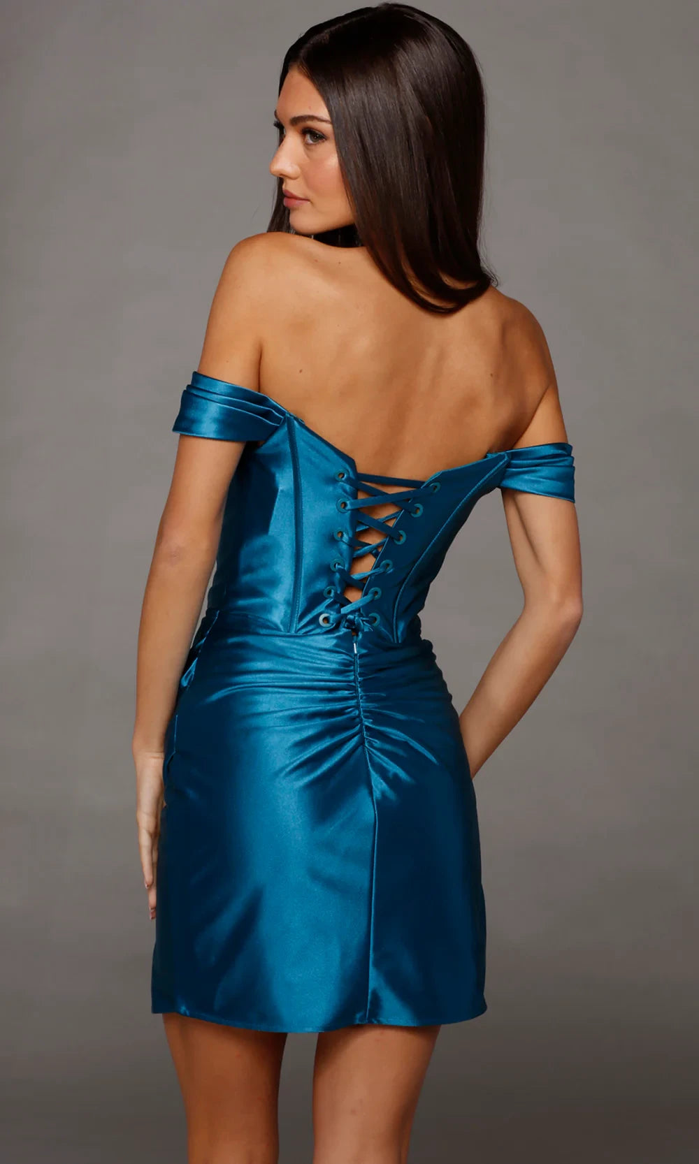 Elegant A-Line Off-Shoulder Corset Ruched Slit Teal Blue Mini Homecoming Dress