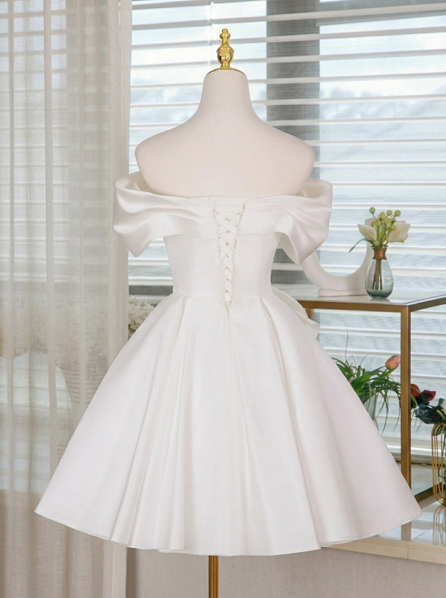 Elegant A-Line Off-Shoulder Draped Bow Satin White Short Homecoming Dress