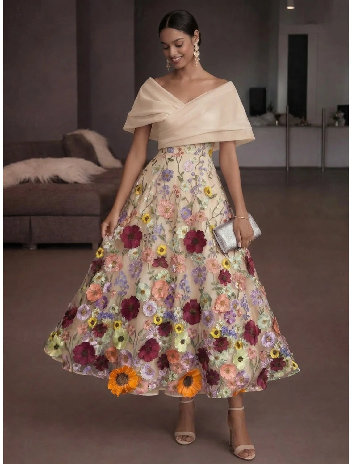 Elegant A-Line Off-Shoulder Floral Applique Organza Nude Tea-Length Prom Dress