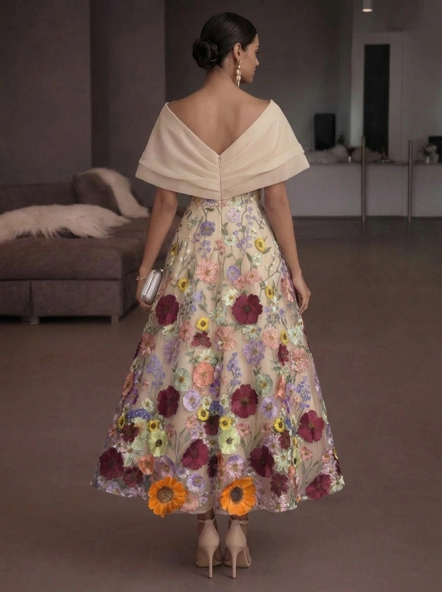 Elegant A-Line Off-Shoulder Floral Applique Organza Nude Tea-Length Prom Dress