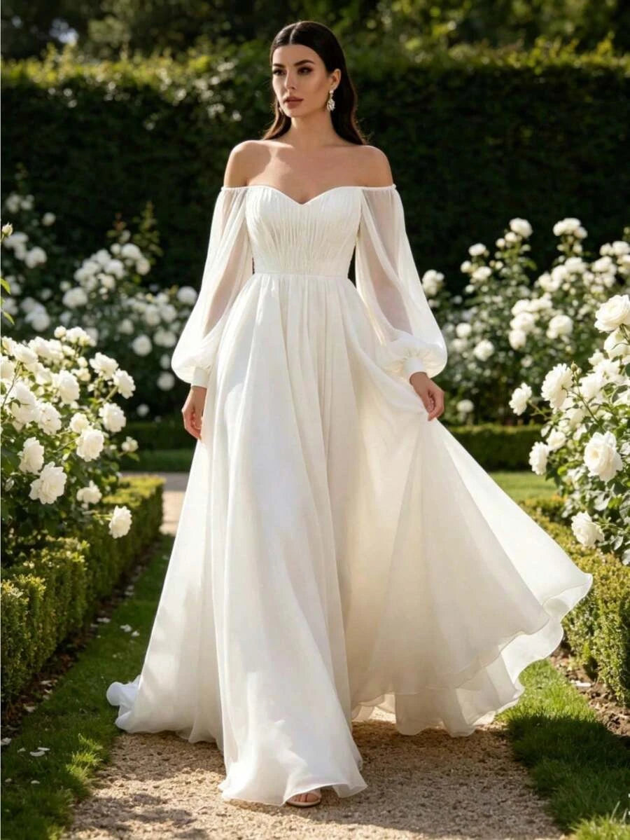 Romantic A-Line Off-Shoulder Long Sleeve Chiffon Ivory Floor-Length Prom Dress