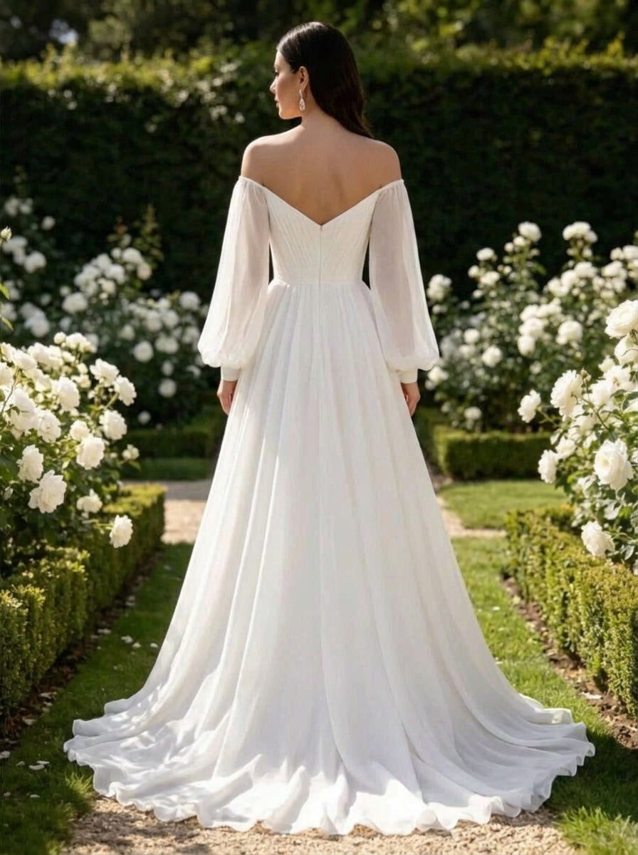 Romantic A-Line Off-Shoulder Long Sleeve Chiffon Ivory Floor-Length Prom Dress