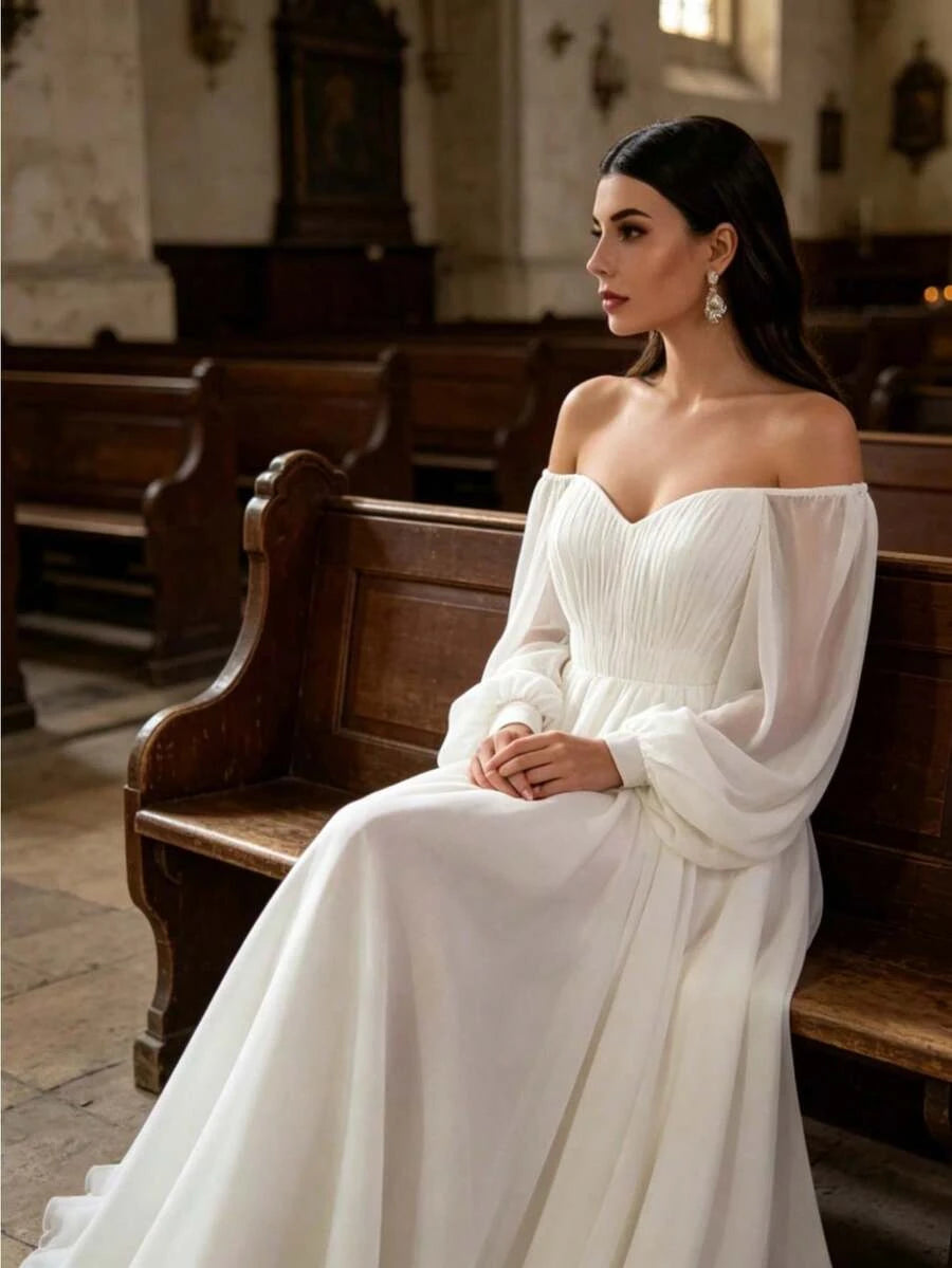 Romantic A-Line Off-Shoulder Long Sleeve Chiffon Ivory Floor-Length Prom Dress