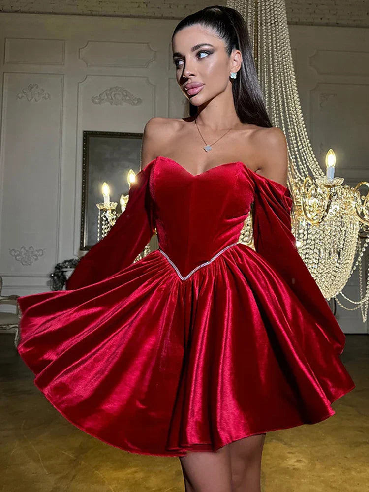 Elegant A-Line Off-Shoulder Long Sleeves Beaded Velvet Red Short Homecoming Dresses