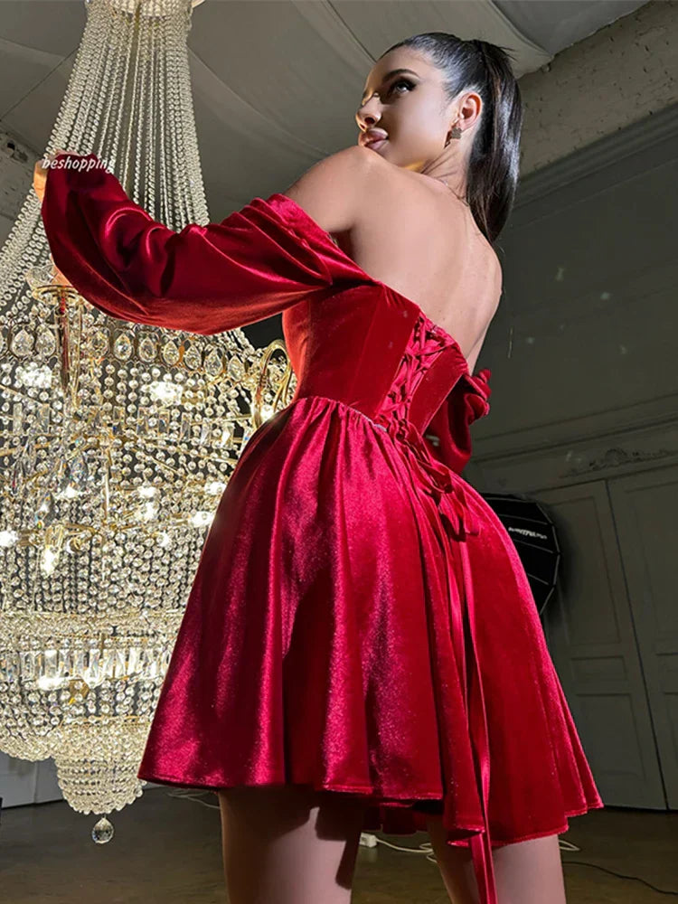 Elegant A-Line Off-Shoulder Long Sleeves Beaded Velvet Red Short Homecoming Dresses