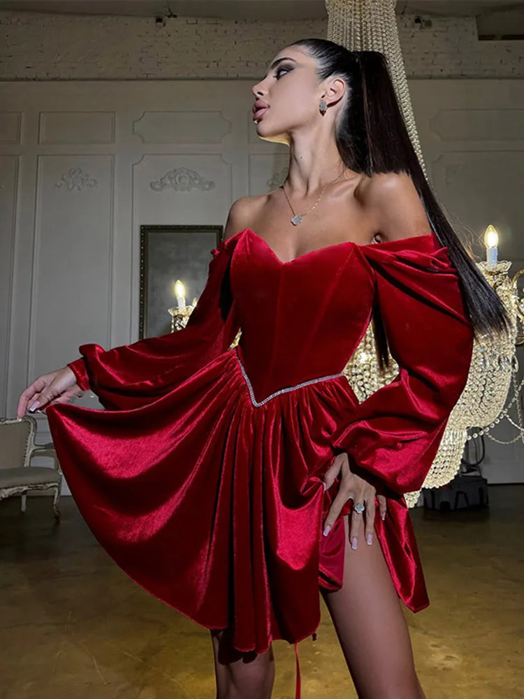 Elegant A-Line Off-Shoulder Long Sleeves Beaded Velvet Red Short Homecoming Dresses
