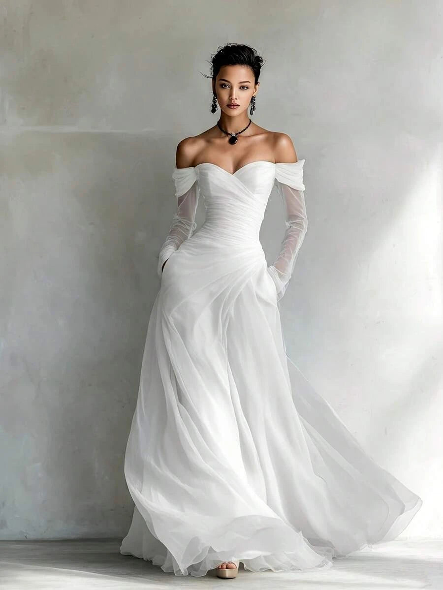 Elegant A-Line Off-Shoulder Long Sleeves Ruched Chiffon White Floor-Length Prom Dress