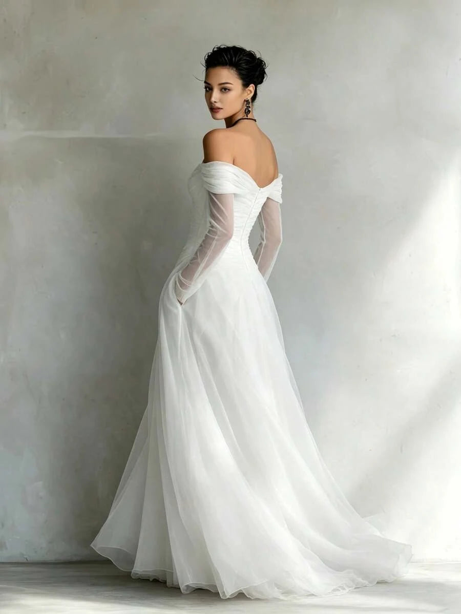 Elegant A-Line Off-Shoulder Long Sleeves Ruched Chiffon White Floor-Length Prom Dress