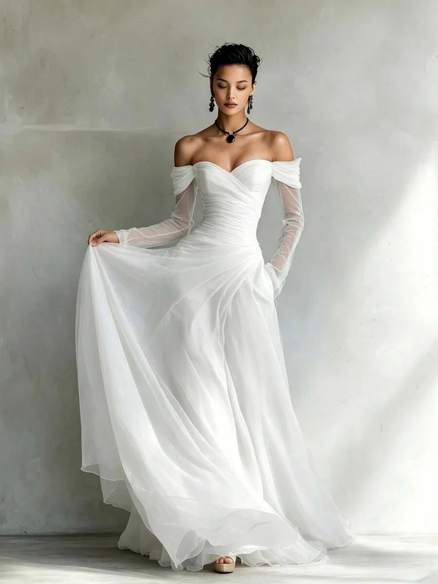 Elegant A-Line Off-Shoulder Long Sleeves Ruched Chiffon White Floor-Length Prom Dress