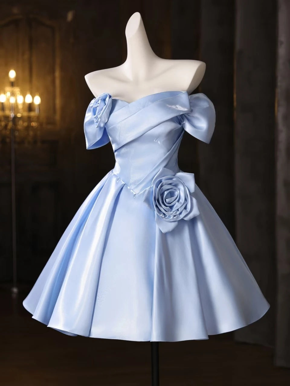 Elegant A-Line Off-Shoulder Puffy Sleeve 3D Floral Light Blue Short Homecoming Dress