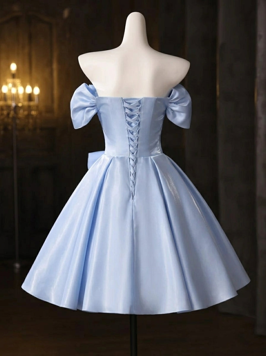 Elegant A-Line Off-Shoulder Puffy Sleeve 3D Floral Light Blue Short Homecoming Dress