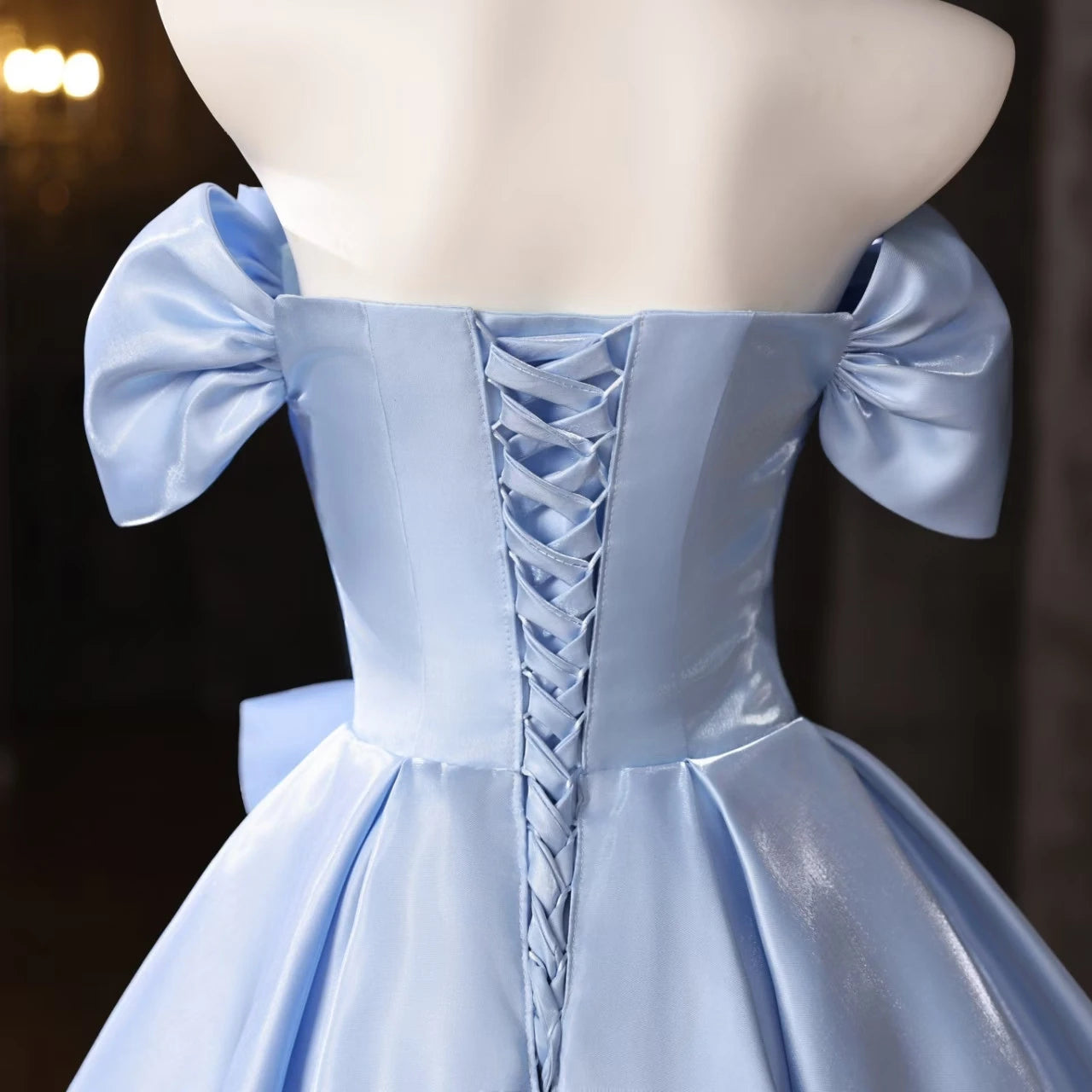 Elegant A-Line Off-Shoulder Puffy Sleeve 3D Floral Light Blue Short Homecoming Dress