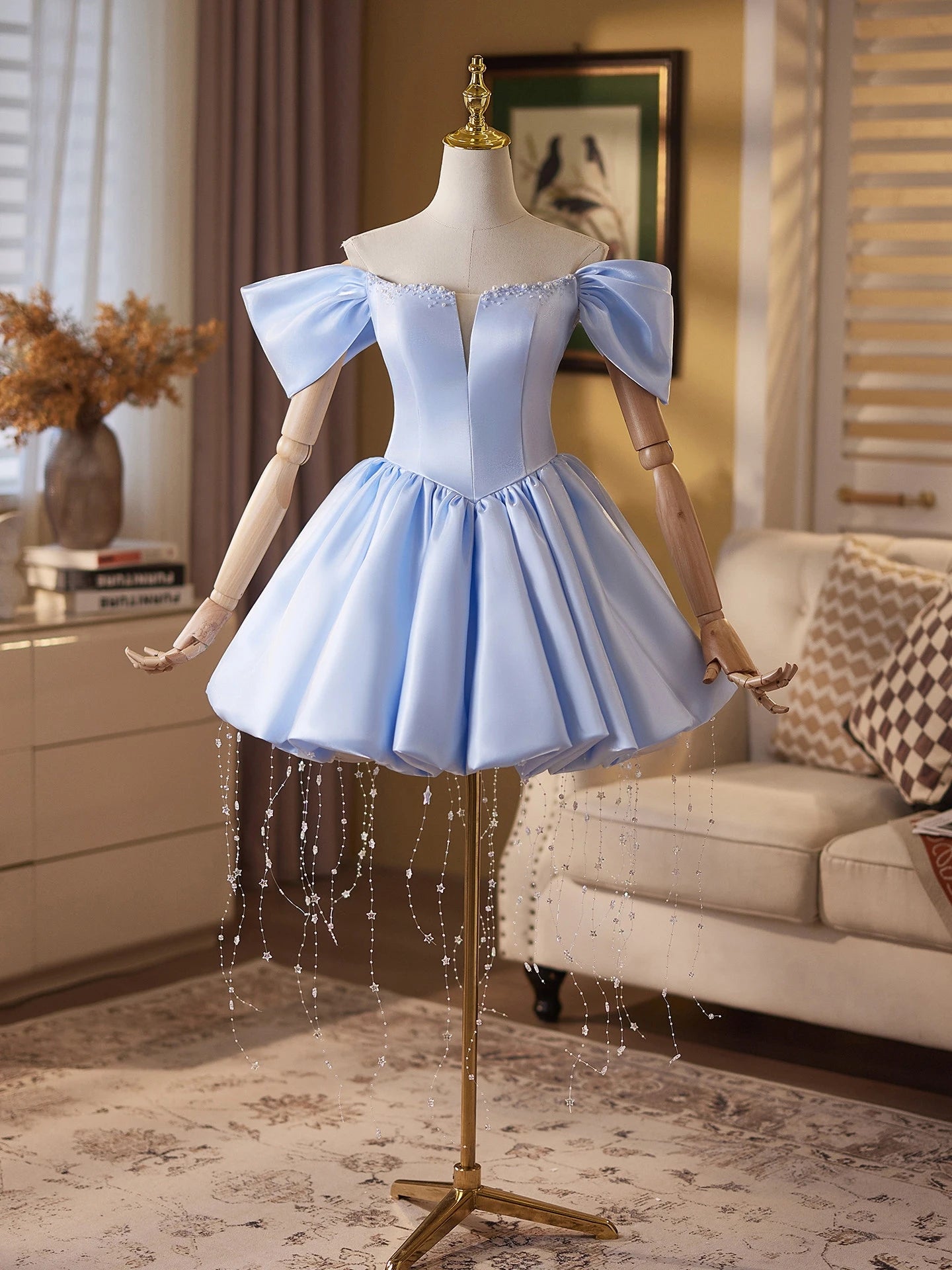 Elegant A-Line Off-Shoulder Puffy Sleeves Beaded Satin Light Blue Short Homecoming Dress