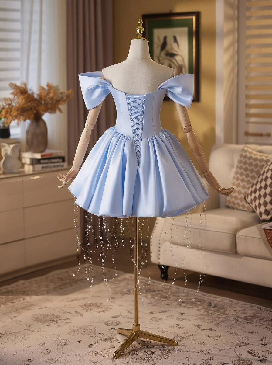 Elegant A-Line Off-Shoulder Puffy Sleeves Beaded Satin Light Blue Short Homecoming Dress