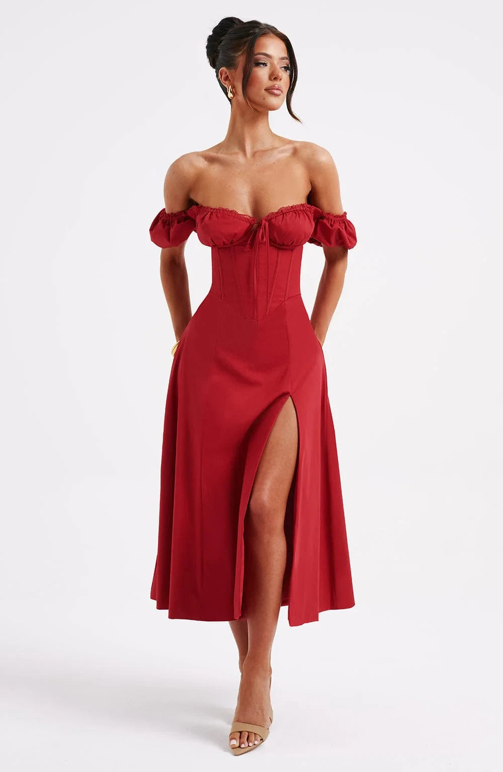 Elegant A-Line Off-Shoulder Puffy Sleeves Corset Tie Slit Red Midi Prom Dress