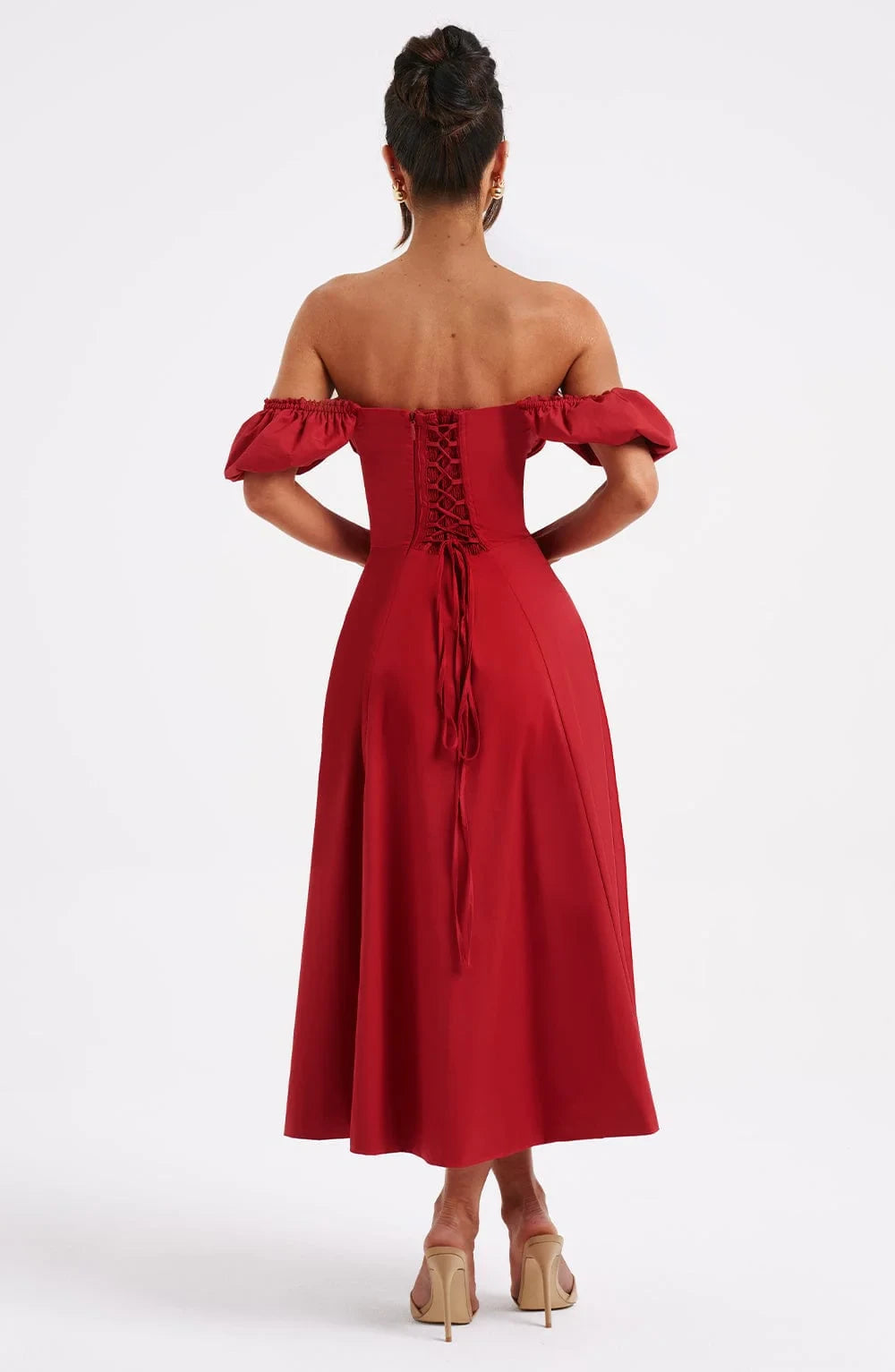 Elegant A-Line Off-Shoulder Puffy Sleeves Corset Tie Slit Red Midi Prom Dress