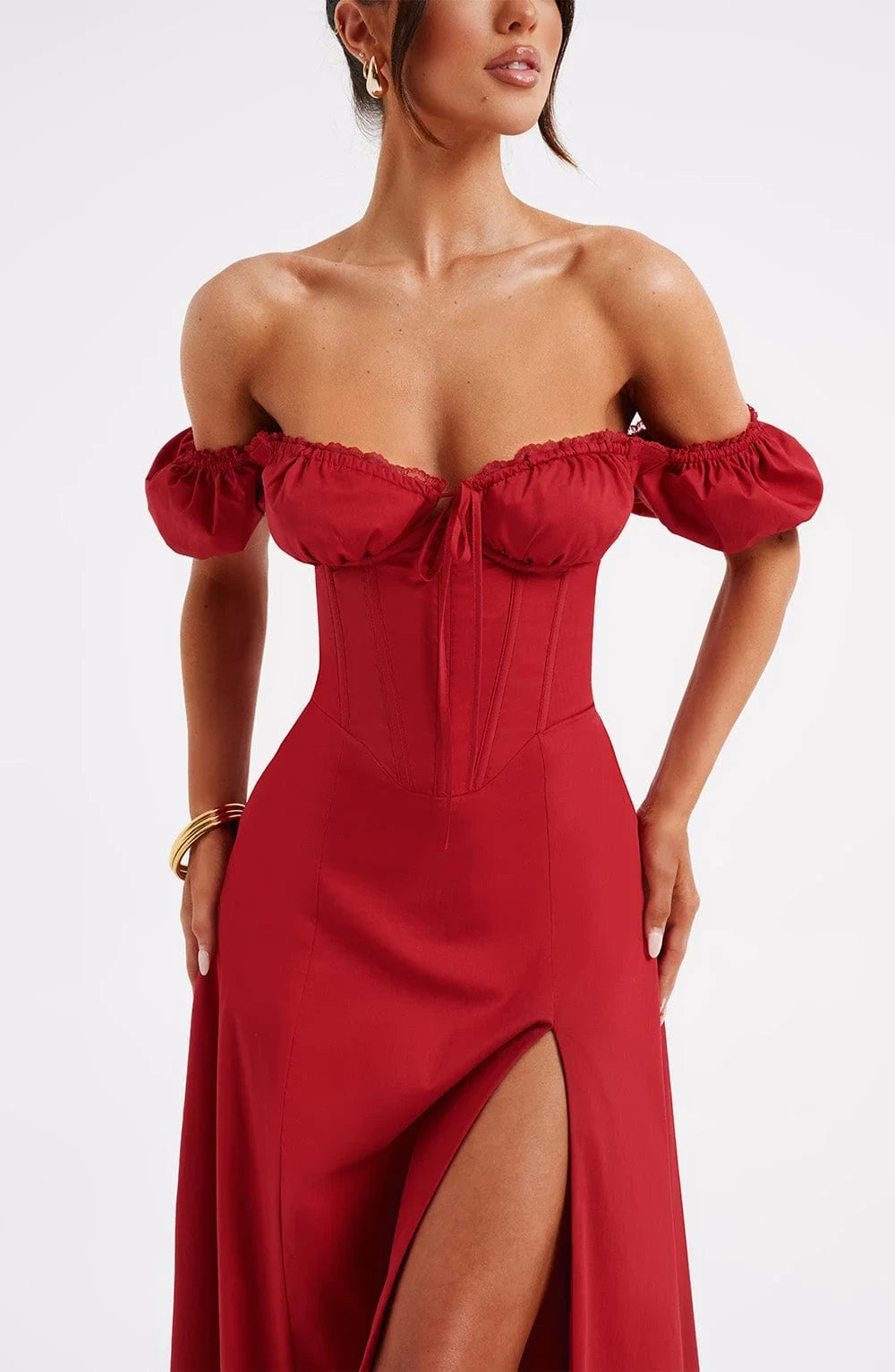 Elegant A-Line Off-Shoulder Puffy Sleeves Corset Tie Slit Red Midi Prom Dress