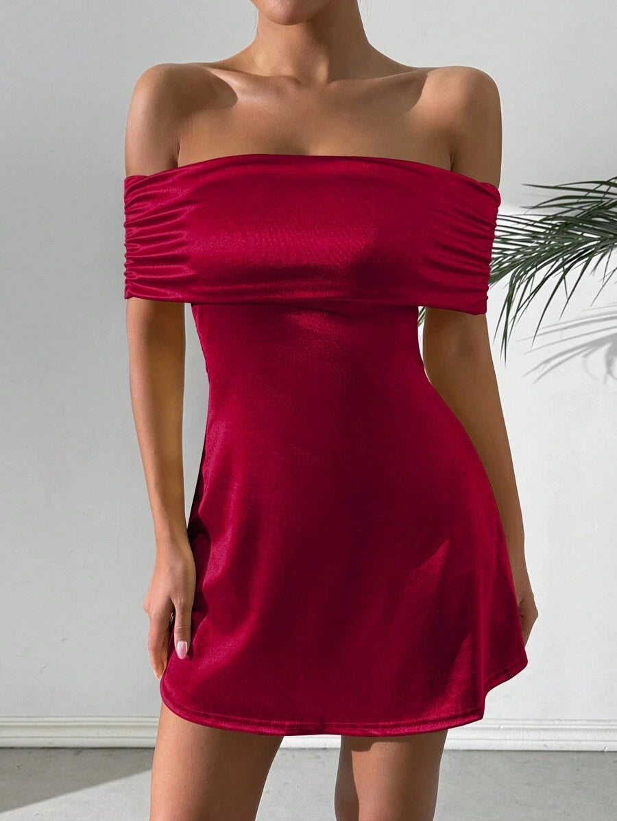 Elegant A-Line Off-Shoulder Ruched Bow Satin Burgundy Mini Homecoming Dress