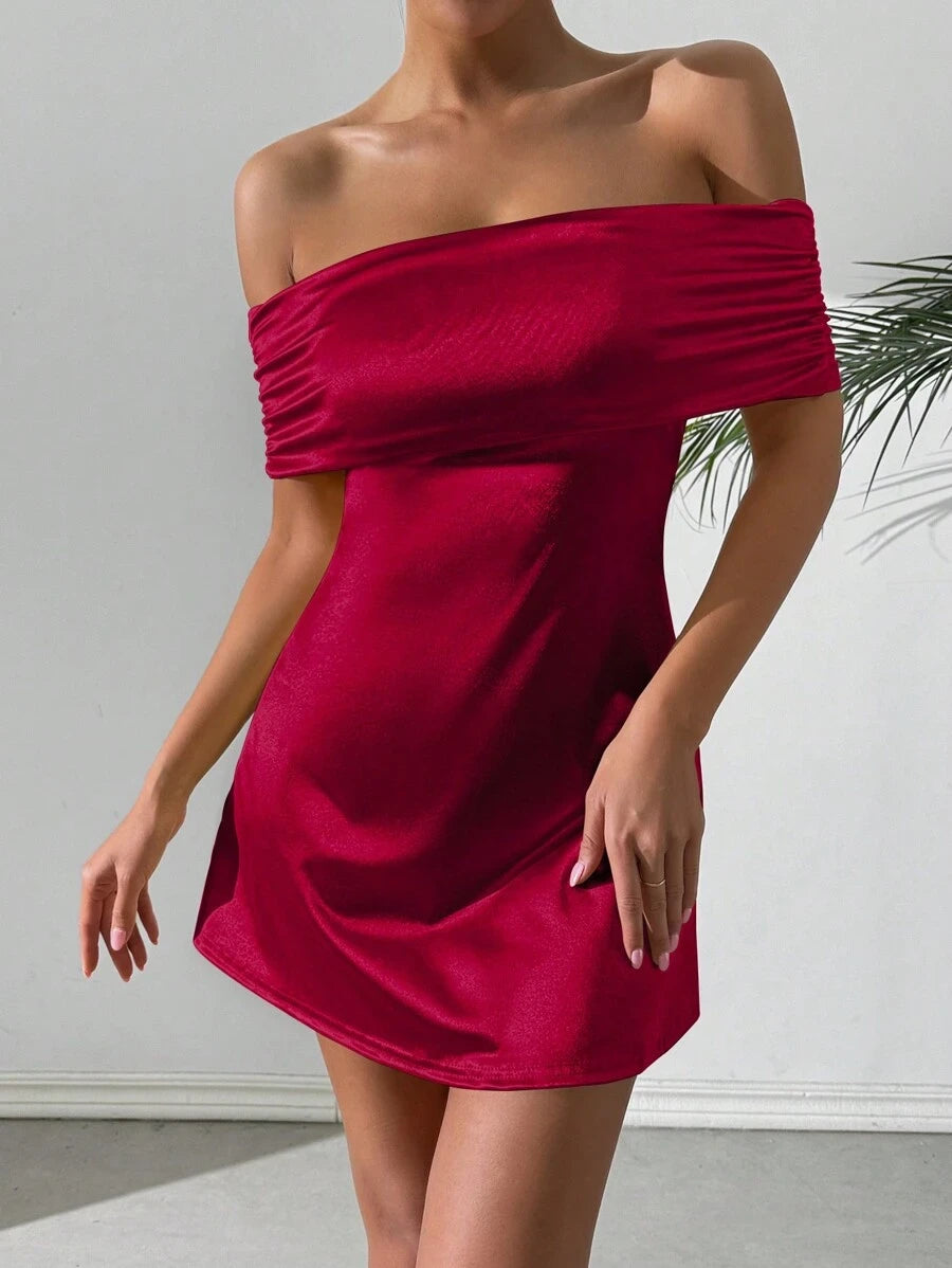 Elegant A-Line Off-Shoulder Ruched Bow Satin Burgundy Mini Homecoming Dress