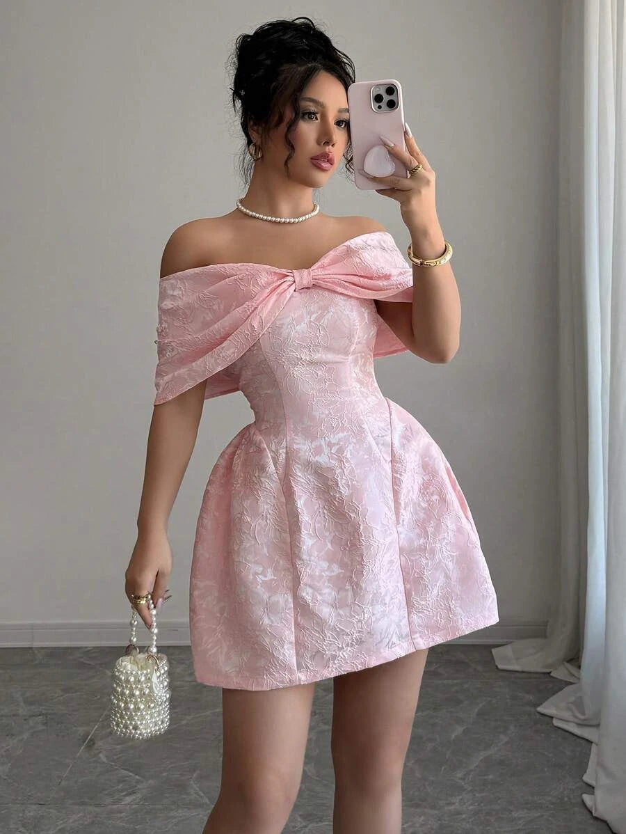Elegant A-Line Off-Shoulder Short Sleeve Bow Detail Pink Mini Homecoming Dress
