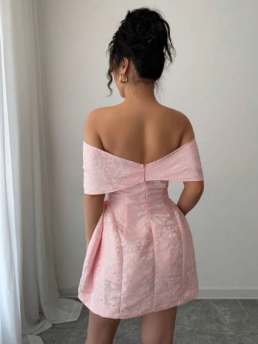 Elegant A-Line Off-Shoulder Short Sleeve Bow Detail Pink Mini Homecoming Dress