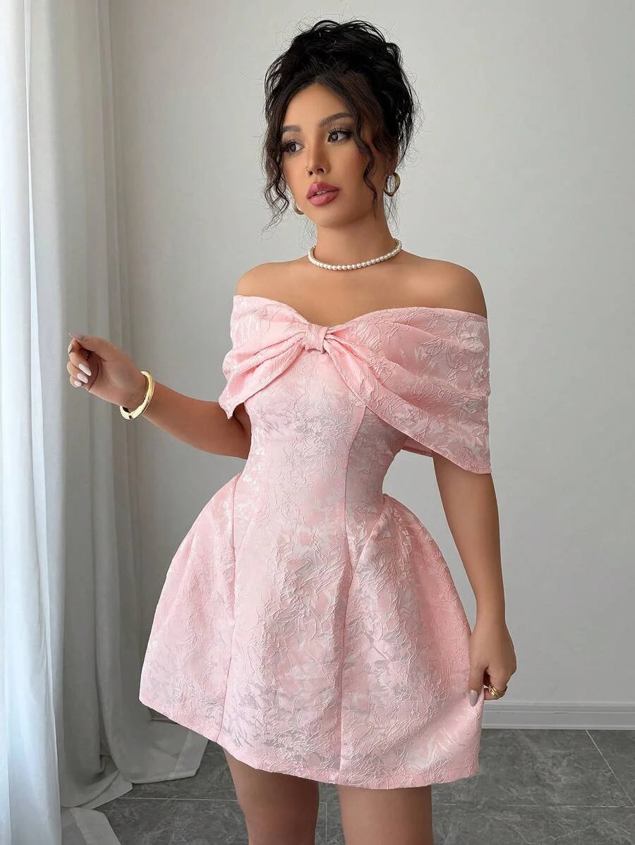 Elegant A-Line Off-Shoulder Short Sleeve Bow Detail Pink Mini Homecoming Dress