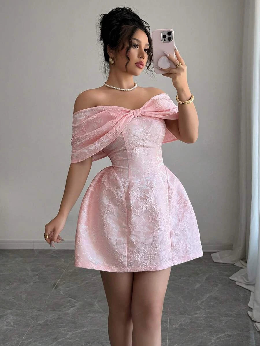 Elegant A-Line Off-Shoulder Short Sleeve Bow Detail Pink Mini Homecoming Dress