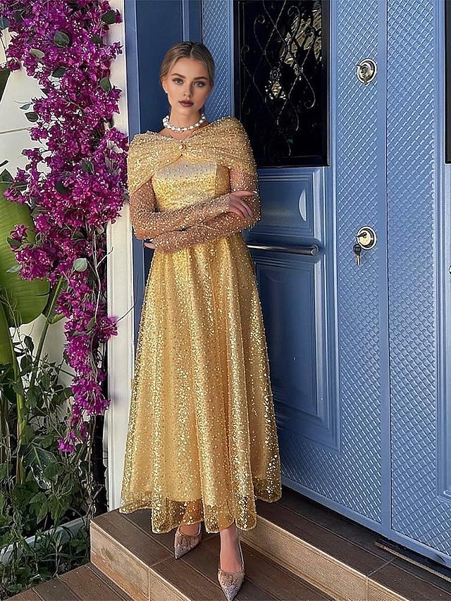 Elegant A-Line Off Shoulder Long Sleeve Sequins Tea Length Prom Dress