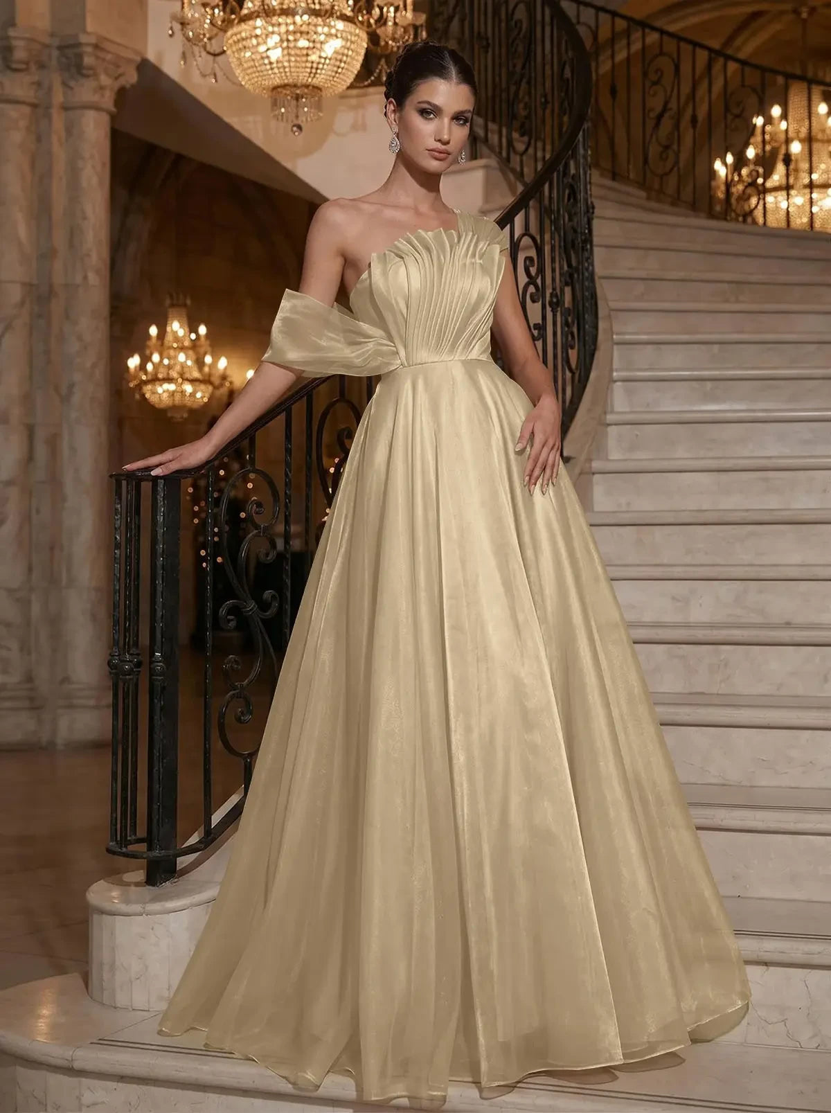 Elegant A-Line One-Shoulder Draped Pleated Organza Champagne Floor-Length Prom Dress