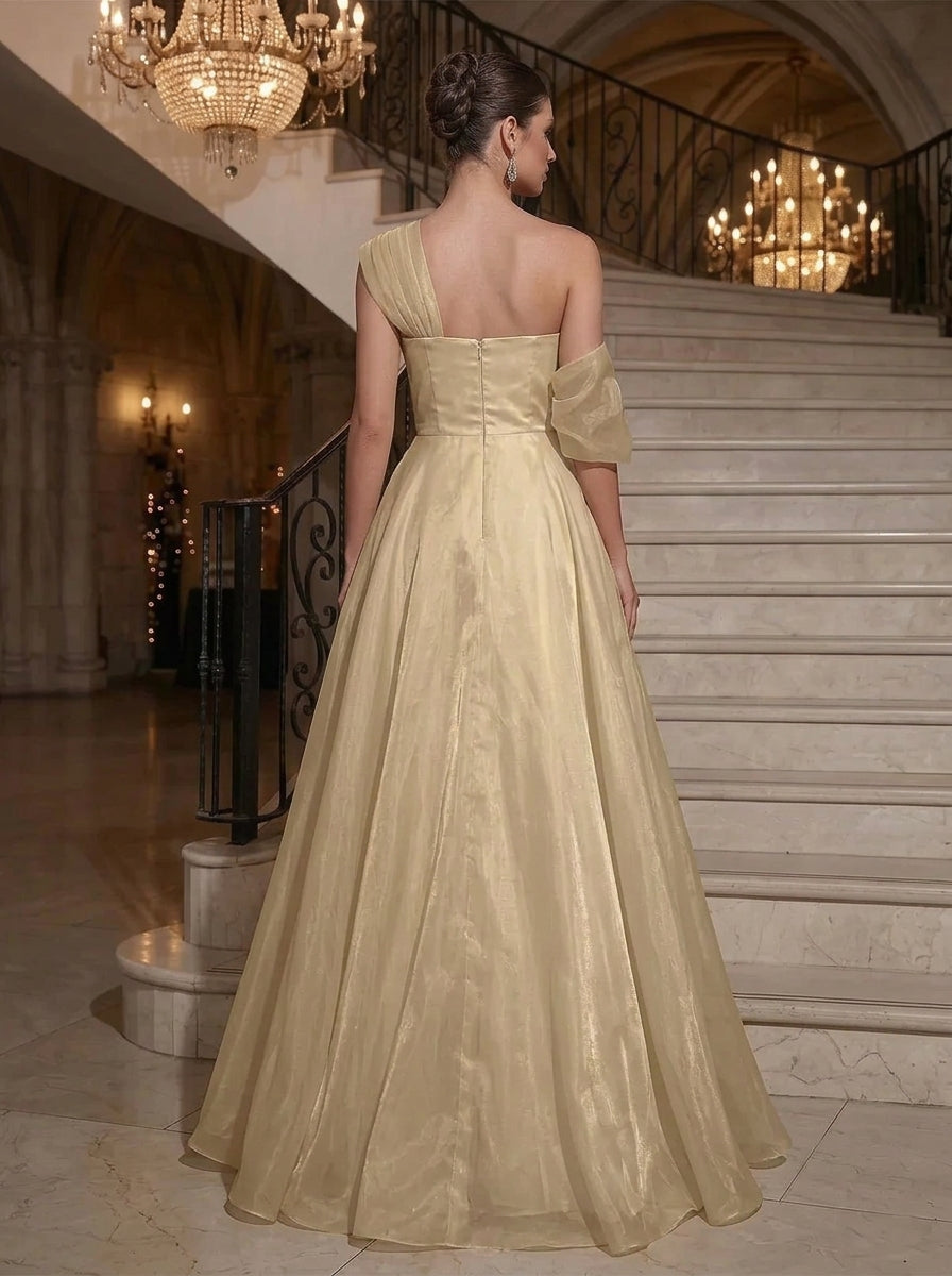 Elegant A-Line One-Shoulder Draped Pleated Organza Champagne Floor-Length Prom Dress