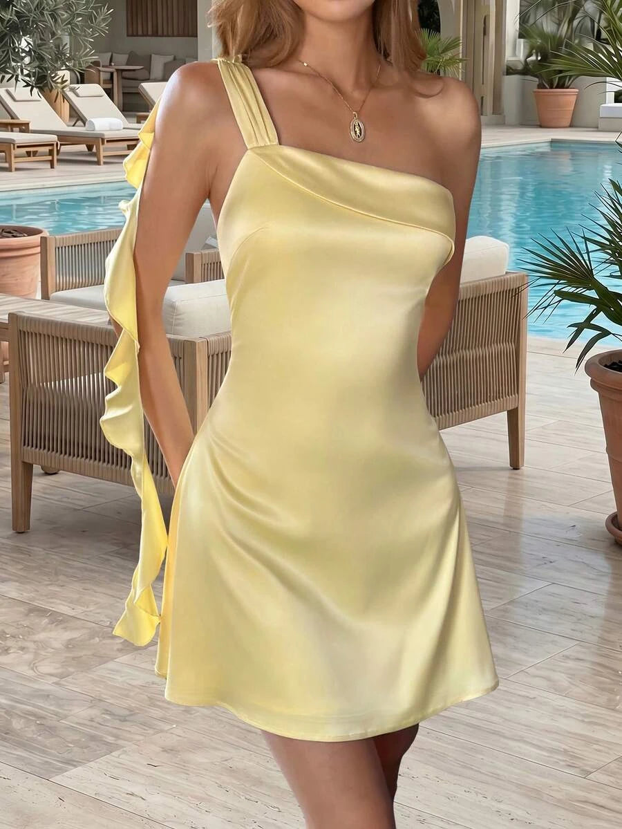 Elegant A-Line One-Shoulder Ruffle Satin Light Yellow Mini Homecoming Dress