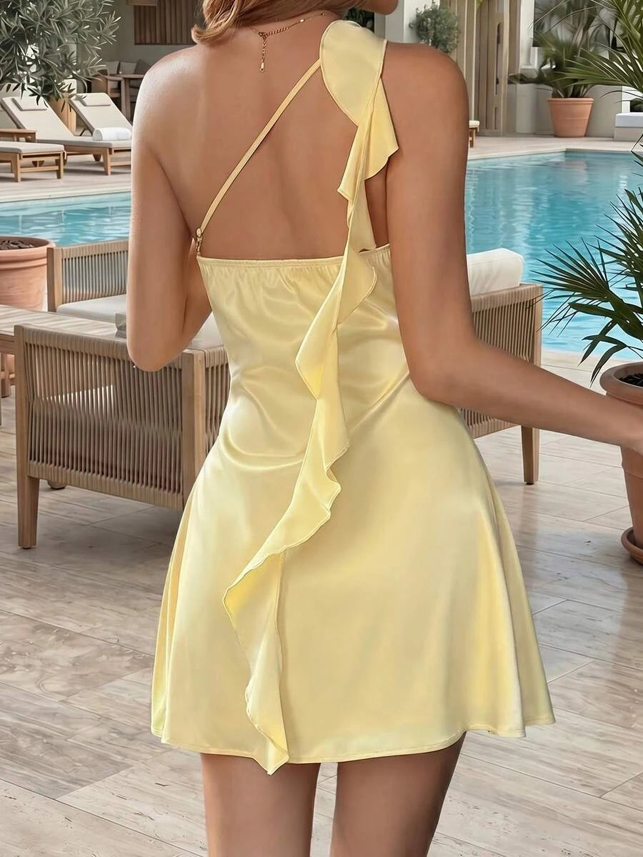 Elegant A-Line One-Shoulder Ruffle Satin Light Yellow Mini Homecoming Dress