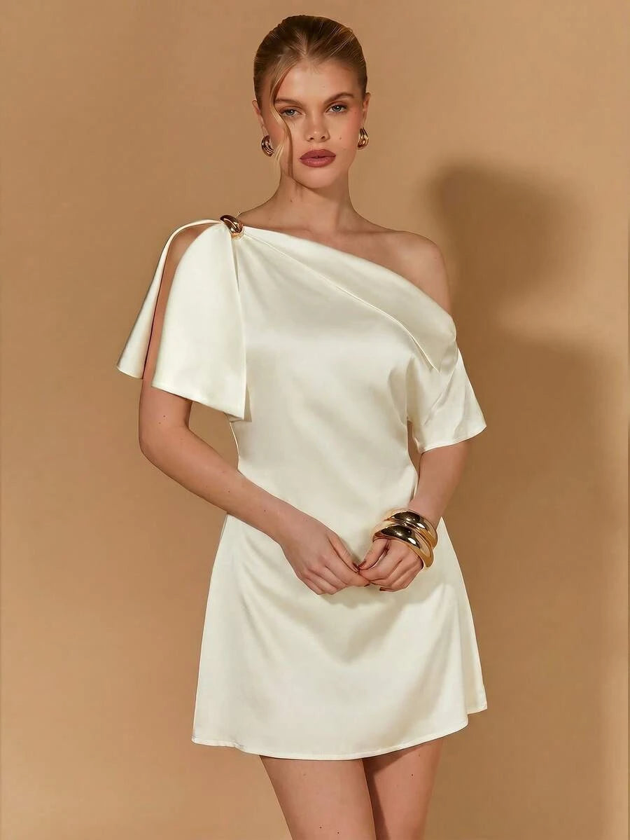 Elegant A-Line One-Shoulder Short Sleeve Draped Asymmetrical Cream Mini Homecoming Dresses