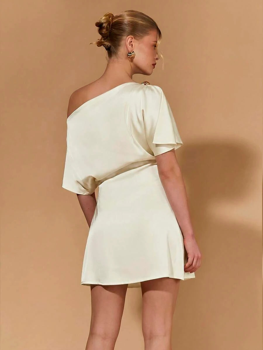 Elegant A-Line One-Shoulder Short Sleeve Draped Asymmetrical Cream Mini Homecoming Dresses