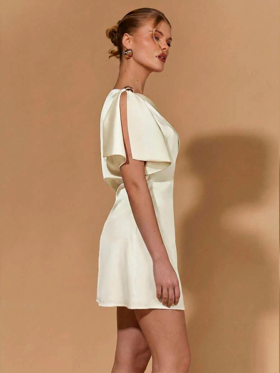 Elegant A-Line One-Shoulder Short Sleeve Draped Asymmetrical Cream Mini Homecoming Dresses