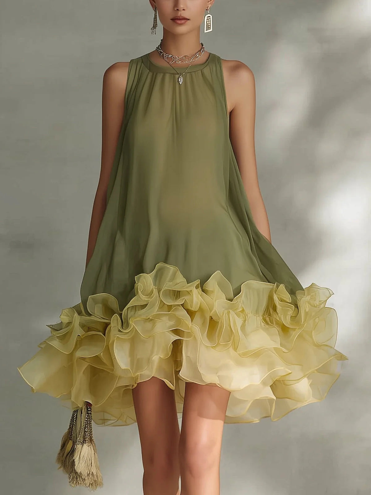 Elegant A-Line Round Neck Ruffled Two-Tone Chiffon Olive Green Mini Homecoming Dress