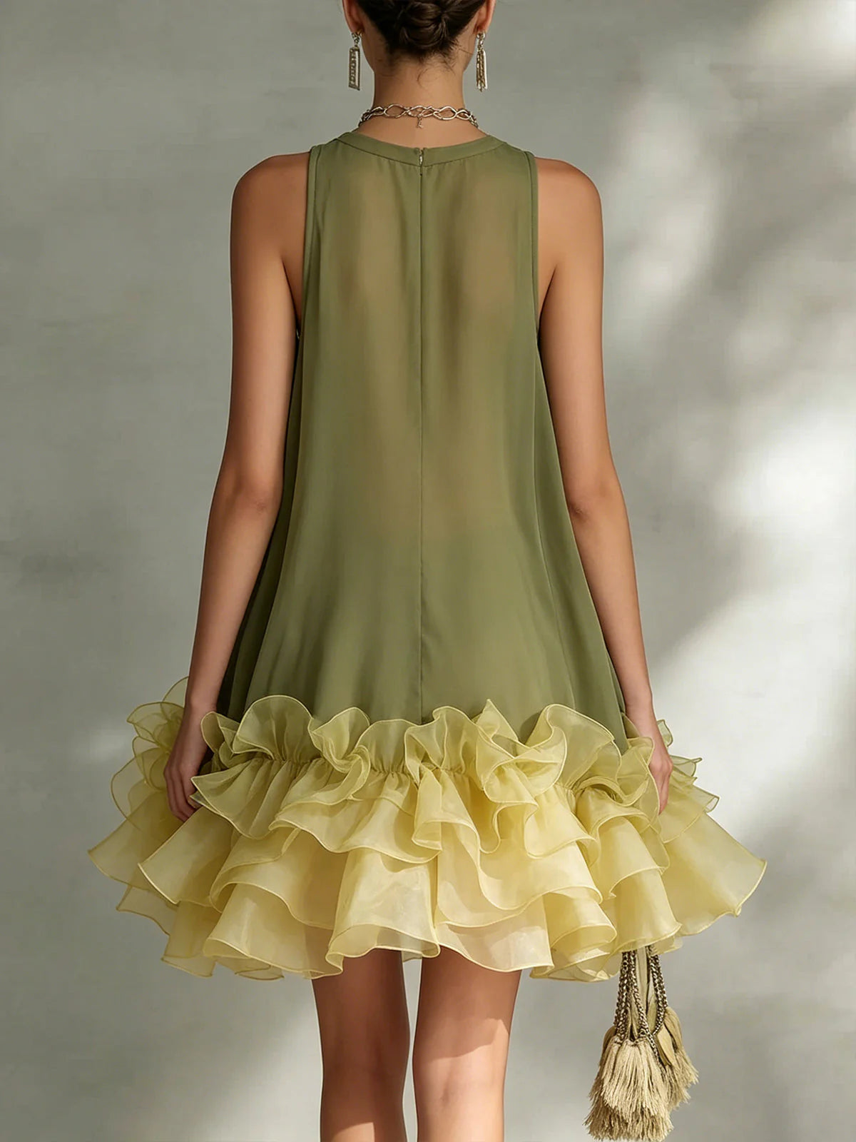 Elegant A-Line Round Neck Ruffled Two-Tone Chiffon Olive Green Mini Homecoming Dress