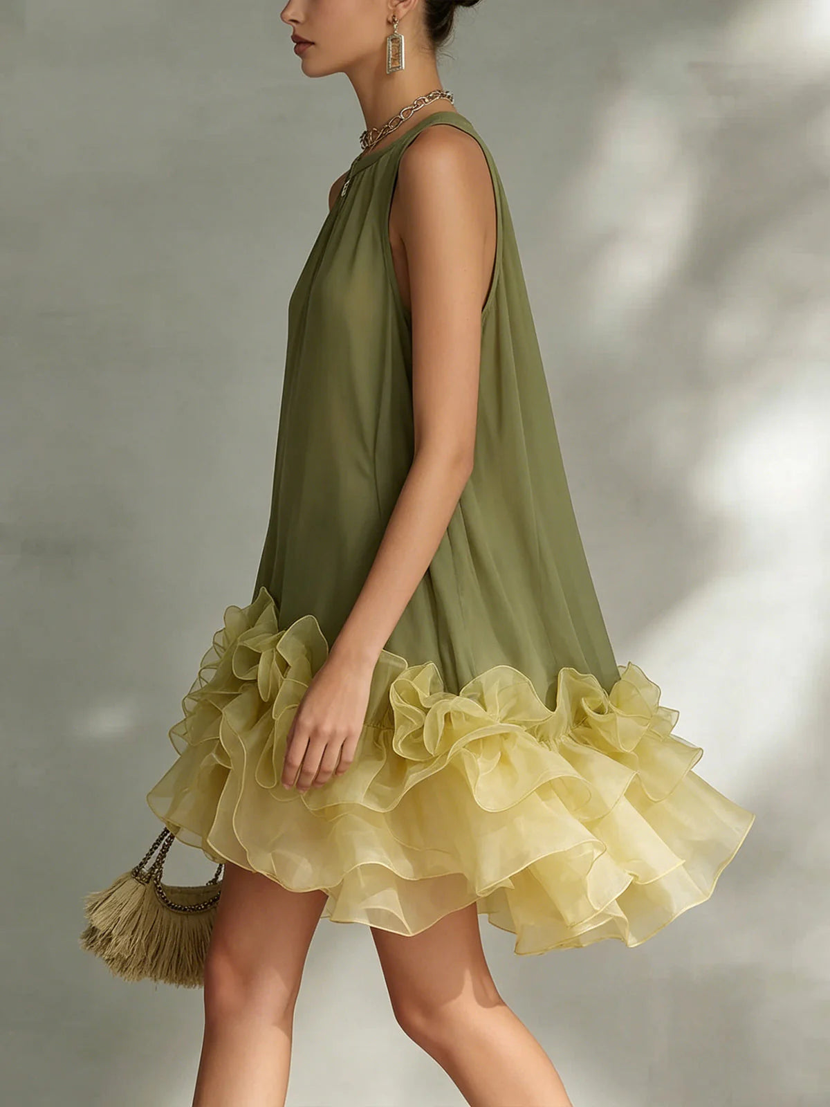 Elegant A-Line Round Neck Ruffled Two-Tone Chiffon Olive Green Mini Homecoming Dress