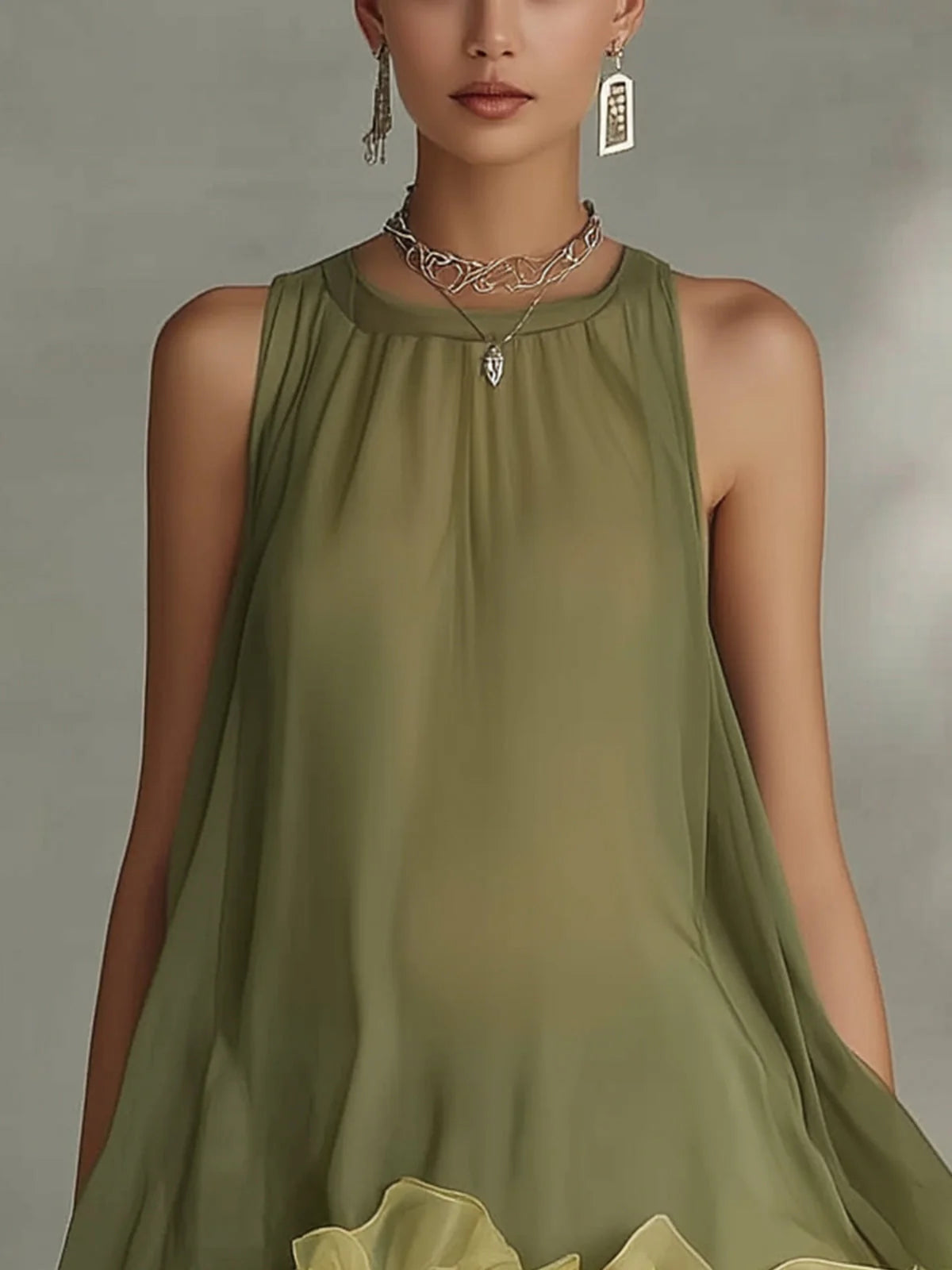 Elegant A-Line Round Neck Ruffled Two-Tone Chiffon Olive Green Mini Homecoming Dress