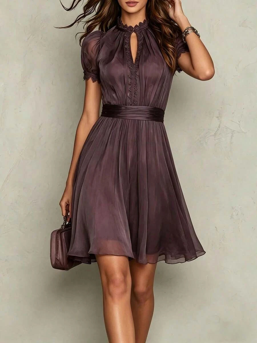 Elegant A-Line Round Neck Short Sleeve Keyhole Lace Plum Short Homecoming Dresses