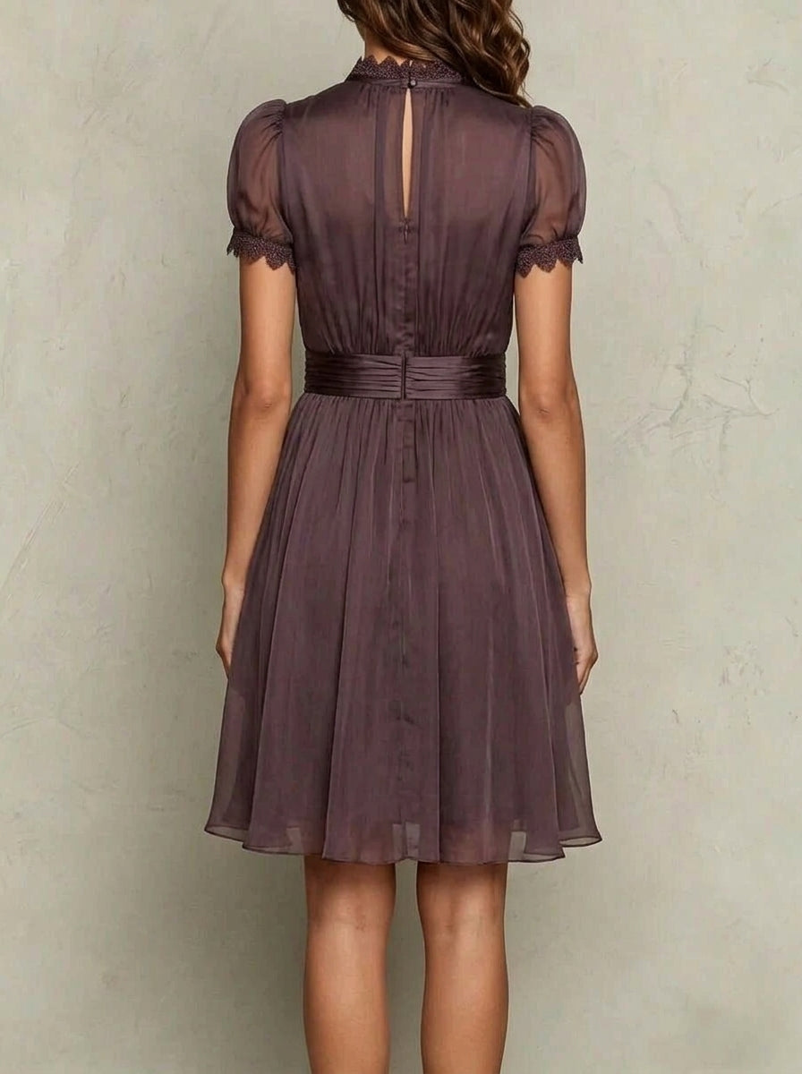Elegant A-Line Round Neck Short Sleeve Keyhole Lace Plum Short Homecoming Dresses