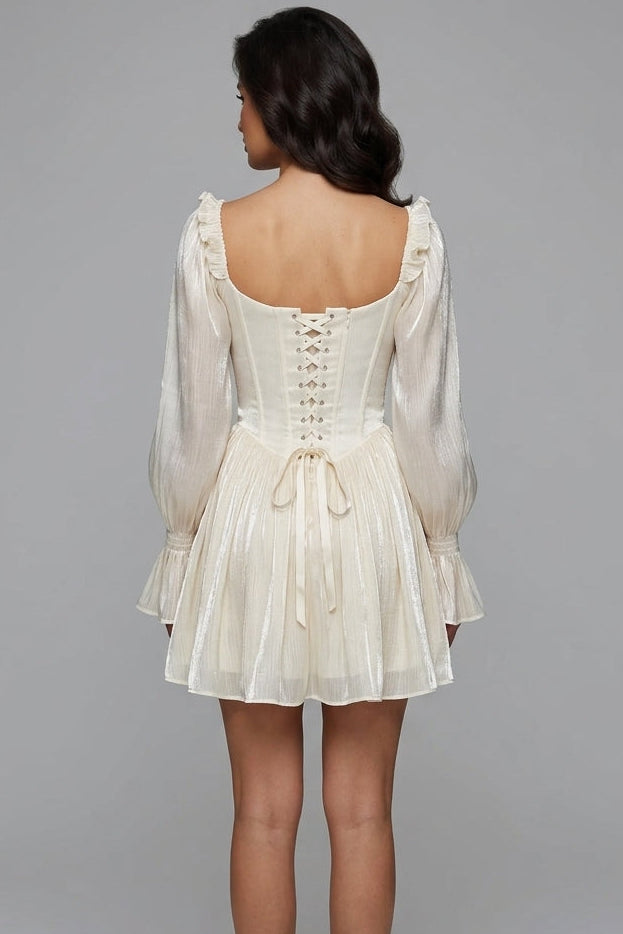 Elegant A-Line Ruffled Square Neck Long Sleeve Corset Cream Mini Homecoming Dress