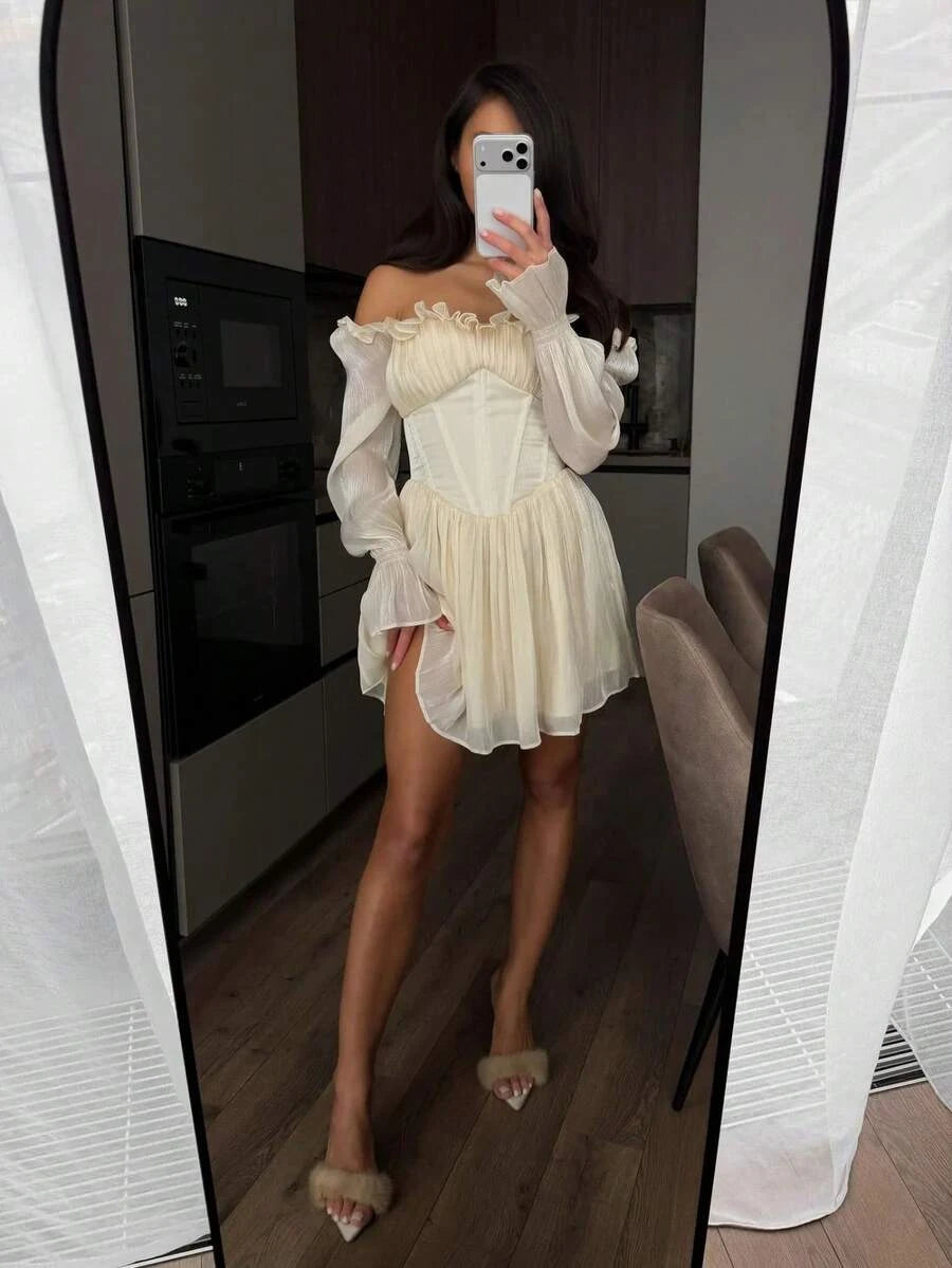Elegant A-Line Ruffled Square Neck Long Sleeve Corset Cream Mini Homecoming Dress