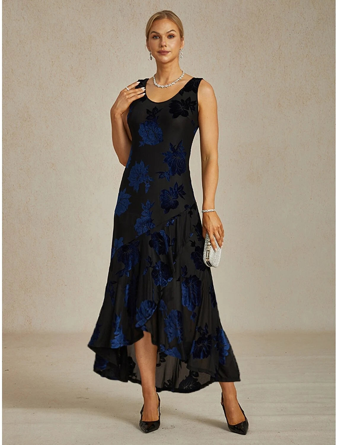 Elegant A-Line Scoop Neck Floral Velvet Ruffled Black Blue High-Low Homecoming Dress