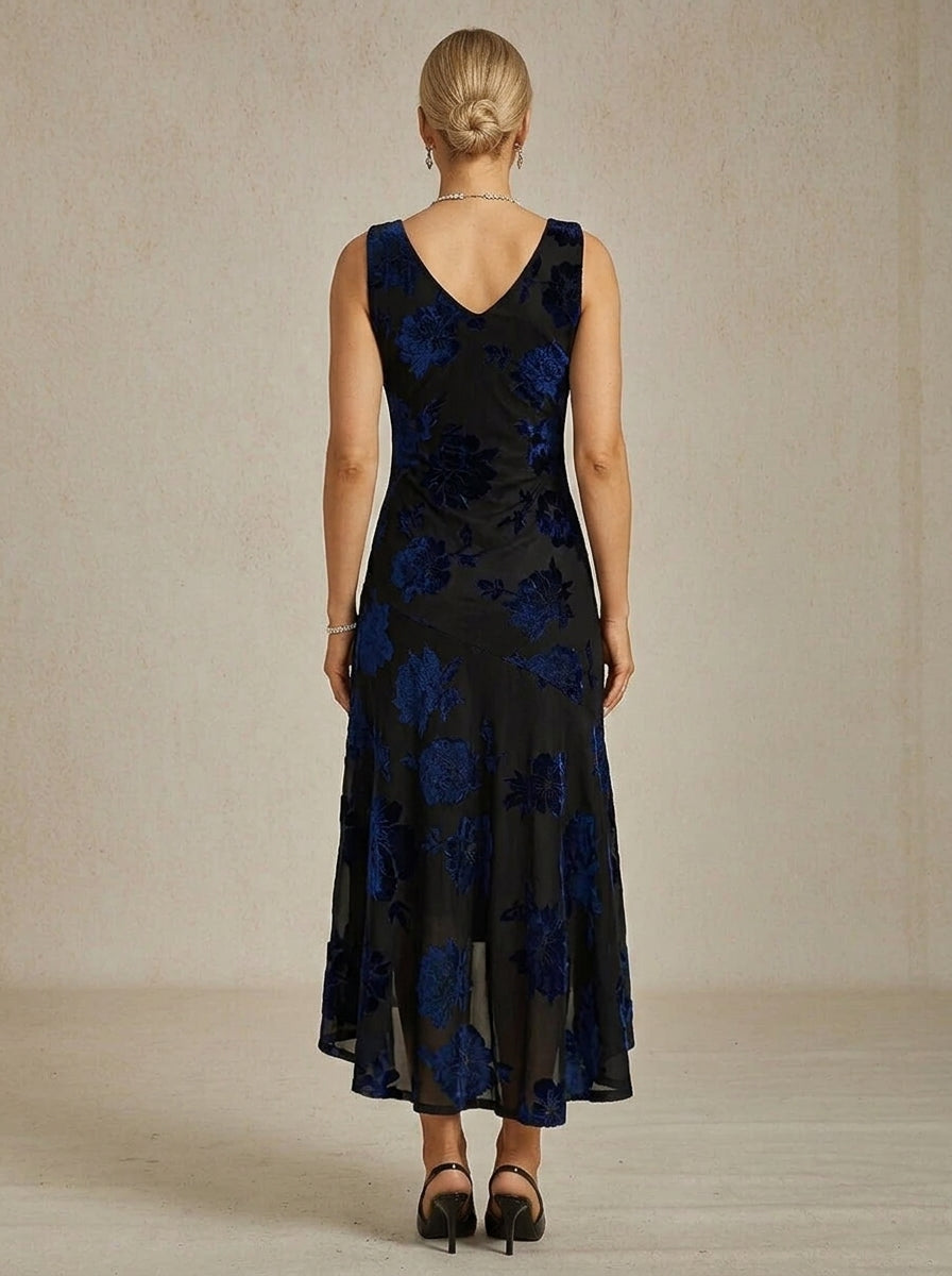 Elegant A-Line Scoop Neck Floral Velvet Ruffled Black Blue High-Low Homecoming Dress