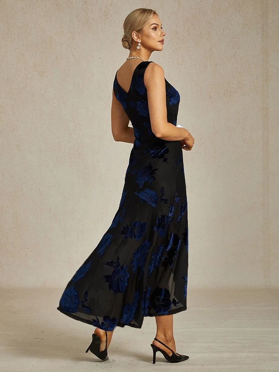 Elegant A-Line Scoop Neck Floral Velvet Ruffled Black Blue High-Low Homecoming Dress