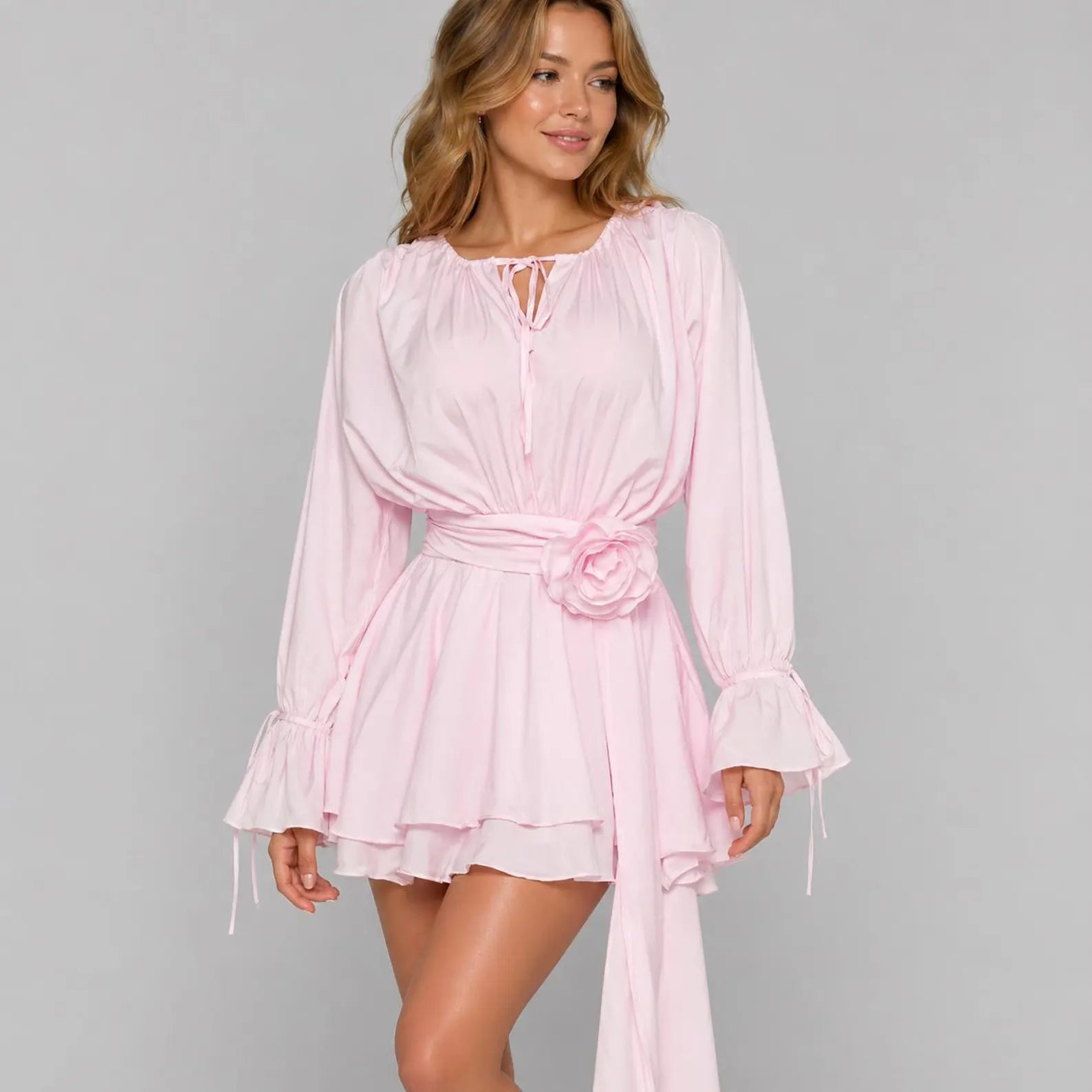 Elegant A-Line Scoop Neck Long Sleeve Ruffled Tiered Pink Mini Homecoming Dresses